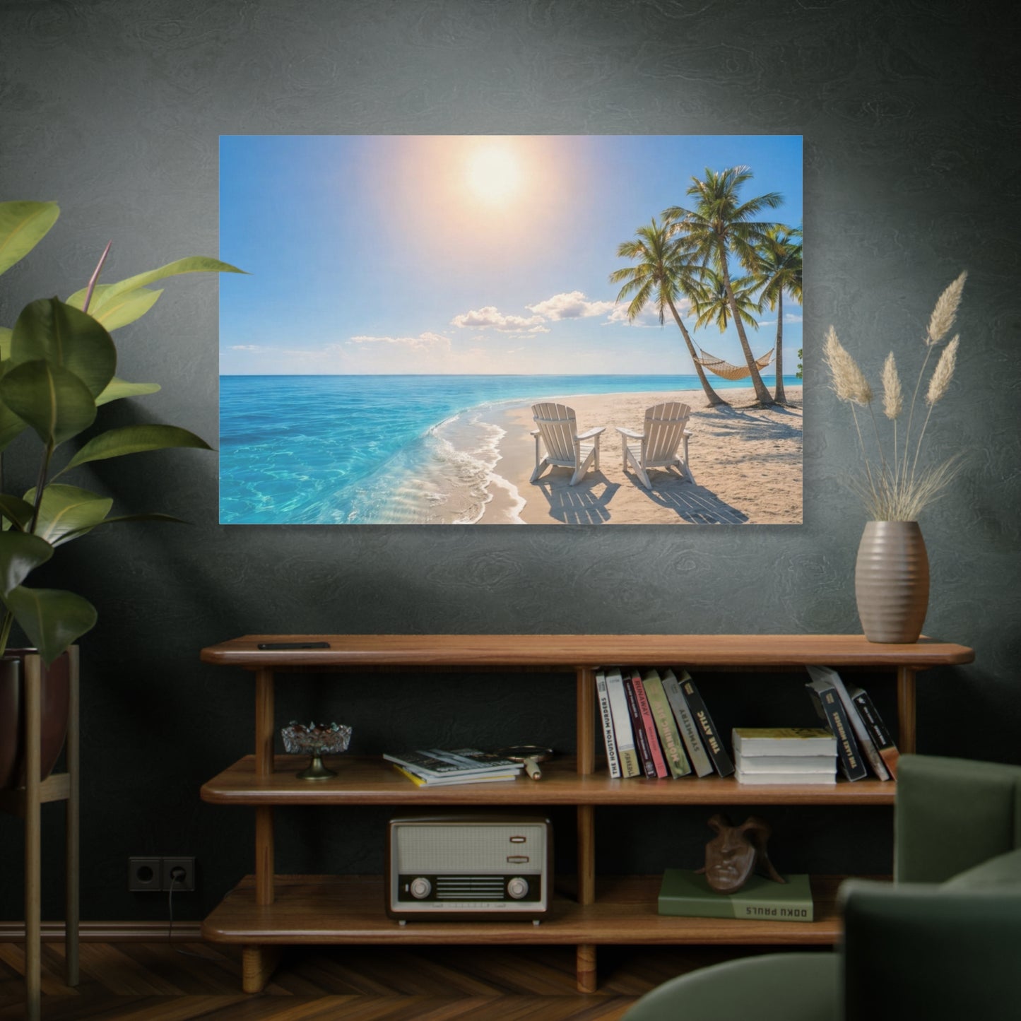 Beach Sunset Canvas Print — Adirondack Chairs & Hammock Seaside Wall Art