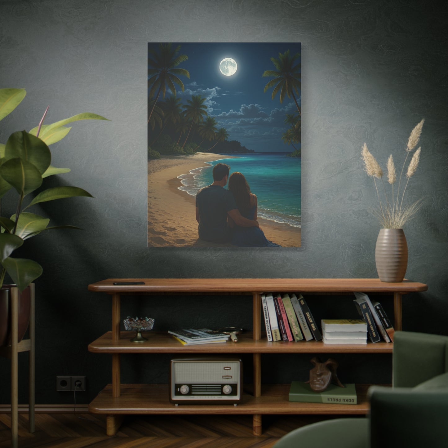 Moonlit Beach Lovers Canvas Wall Art - Stretched Matte Wall Art