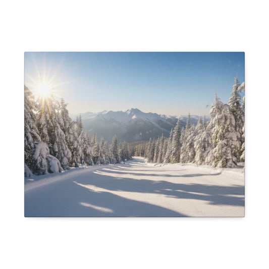 Canvas wall art depicting a tranquil wintry trail with snow-covered pine trees and bright morning sun