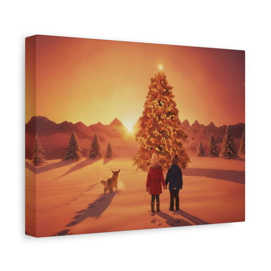 Canvas wall art featuring children and a dog looking at a radiant Christmas tree at sunrise in a snowy field