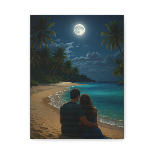Moonlit Beach Lovers Canvas Wall Art - Stretched Matte Wall Art