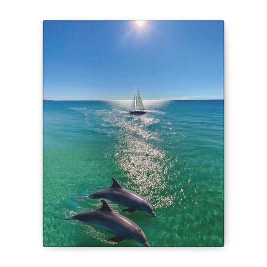 Wall art canvas print featuring a sailboat and dolphins playing in the ocean under the sun