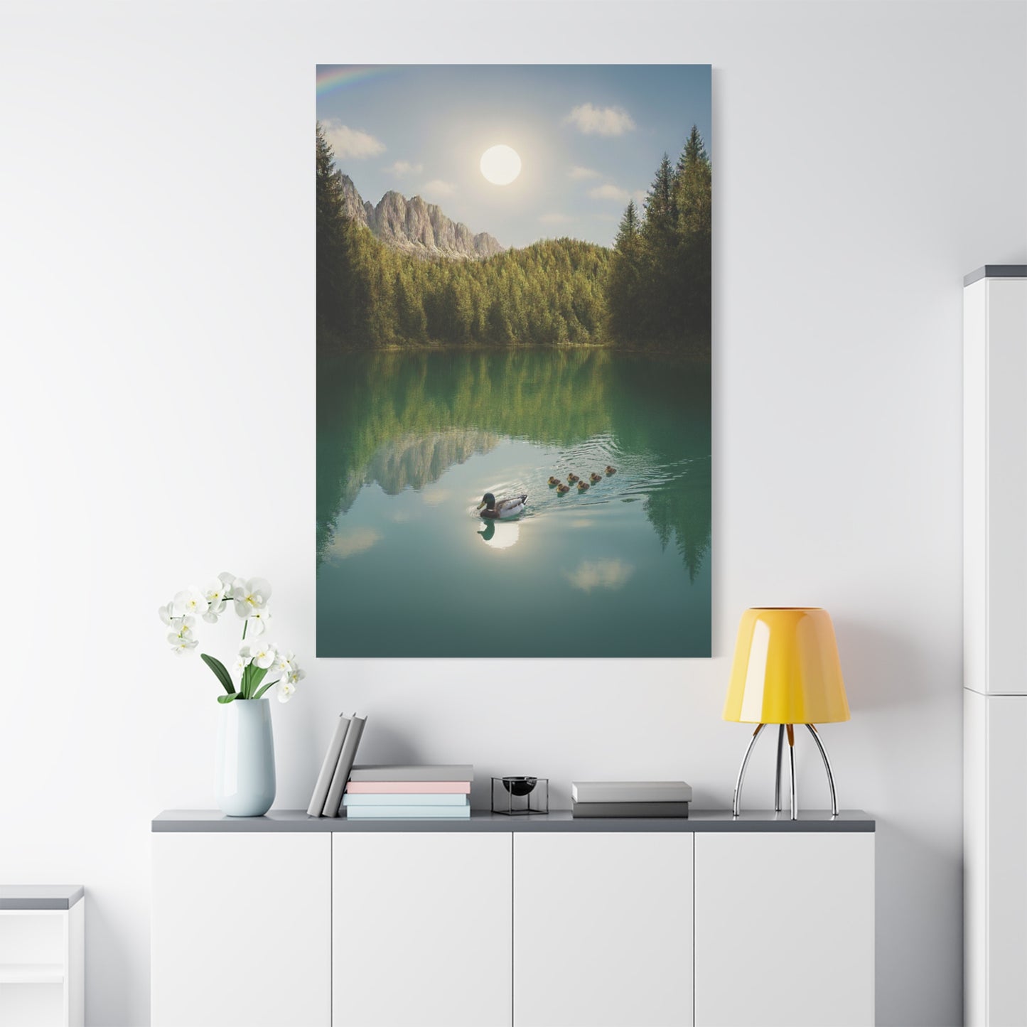 Family of Ducks Swimming in Turquoise Lake Canvas Wall art print