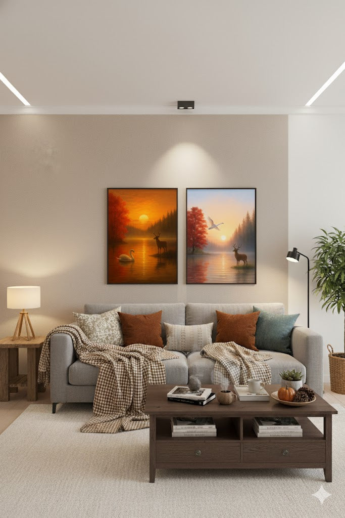 Pair of stretched wall art canvases featuring serene sunrise nature scenes with swan, deer, and calm lake reflections in warm tones