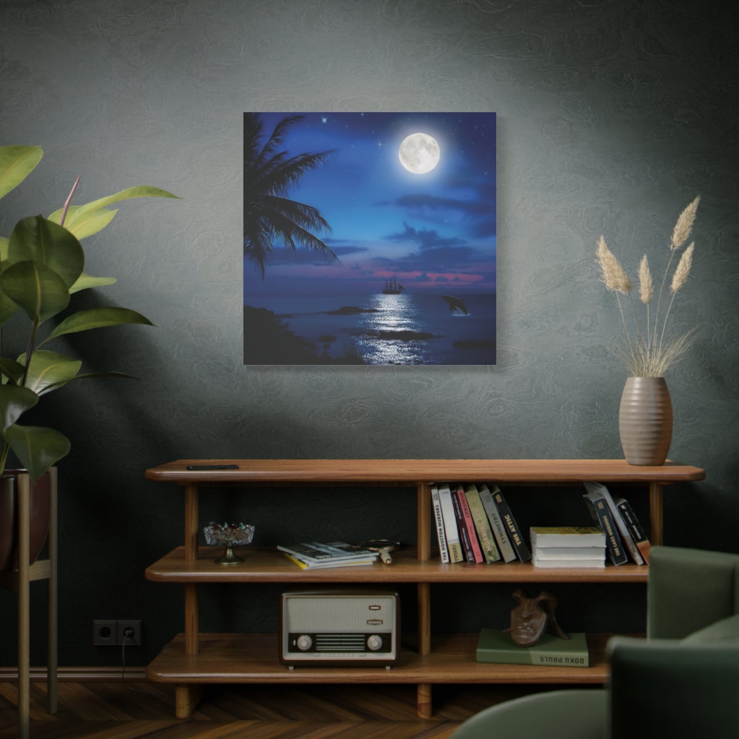Blue Sky Moon lit Tropical Escape Canvas Wall Art