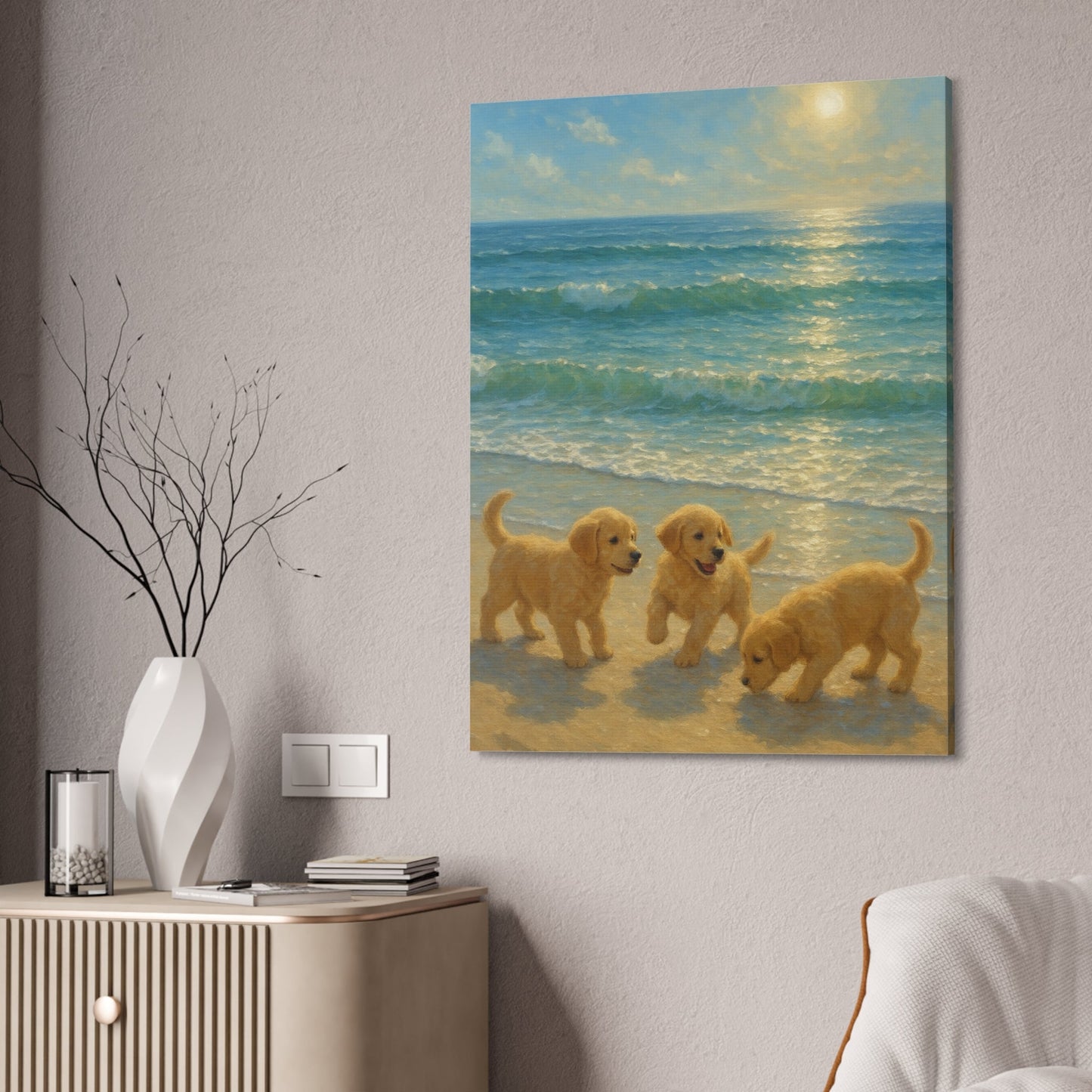 Golden Retriever puppies playing on sunlit beach with turquoise waves in abstract canvas wall art