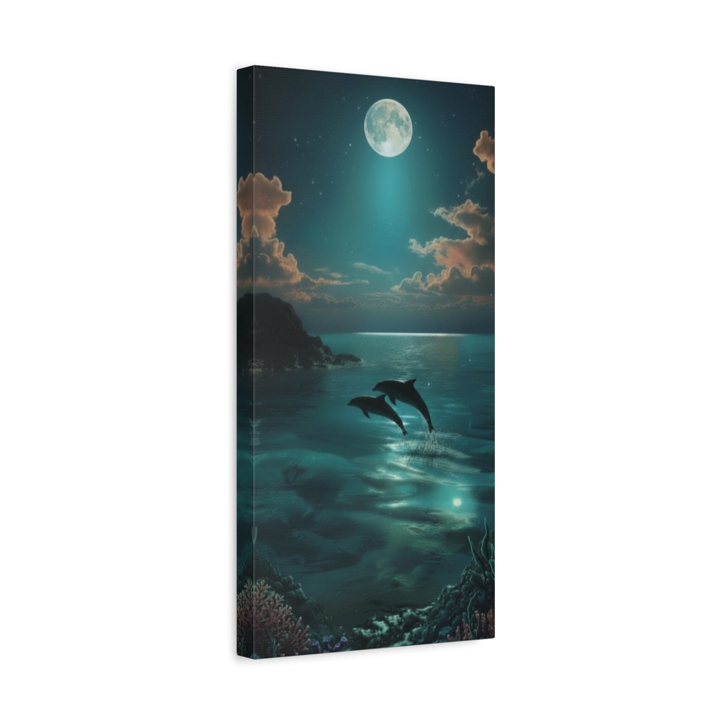 Playful Dolphin Moonlight Canvas Print — Tranquil Ocean Wall Art