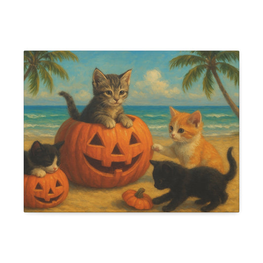 Canvas-Pumpkin Kittens wall art featuring playful kittens with Halloween pumpkins on a beach scene, cozy fall home decor for cat lovers.