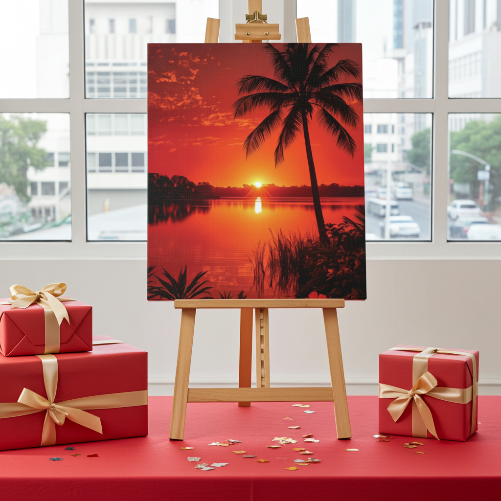 Coastal Red sunset over Ocean Canvas Wall Art - Matte Print