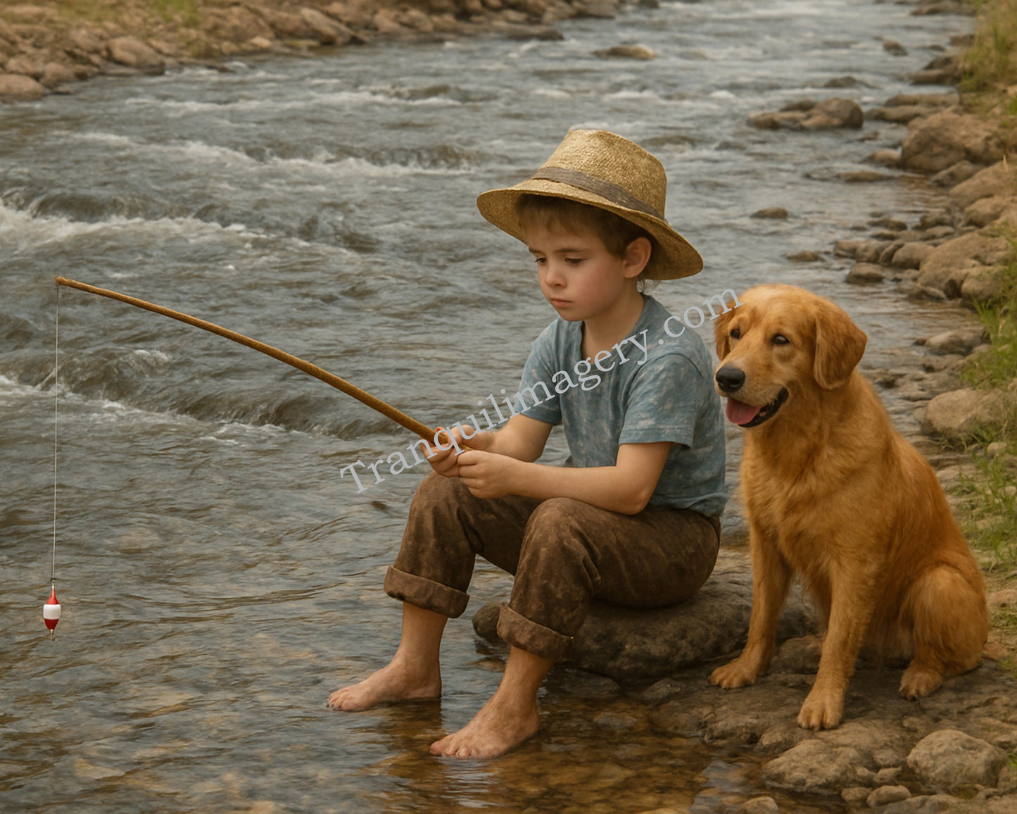 Poster - Small boy fishing by a peaceful stream with his dog sitting beside him
