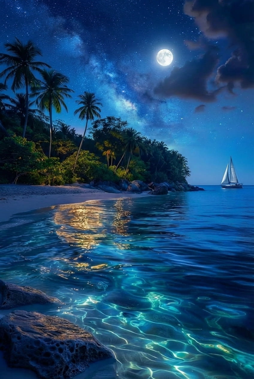 Sailing under a Full Moon Over Ocean Matte Canvas Print — Stretched 1.25"