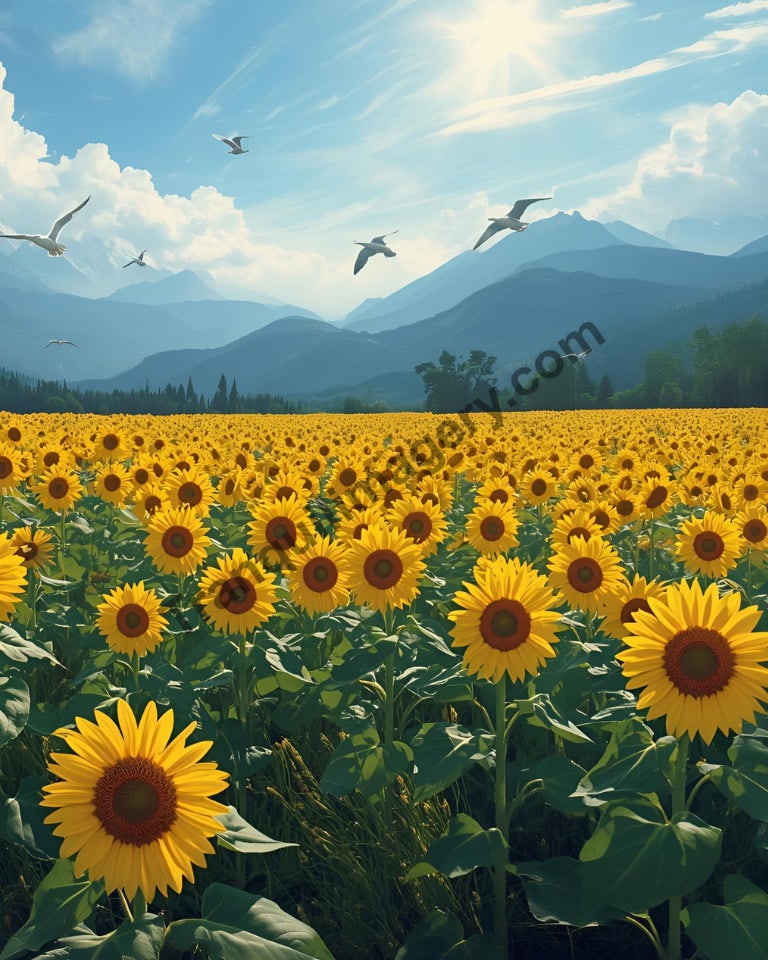 Poster of a vibrant sunflower field under a sunny sky with mountains and flying birds in the background