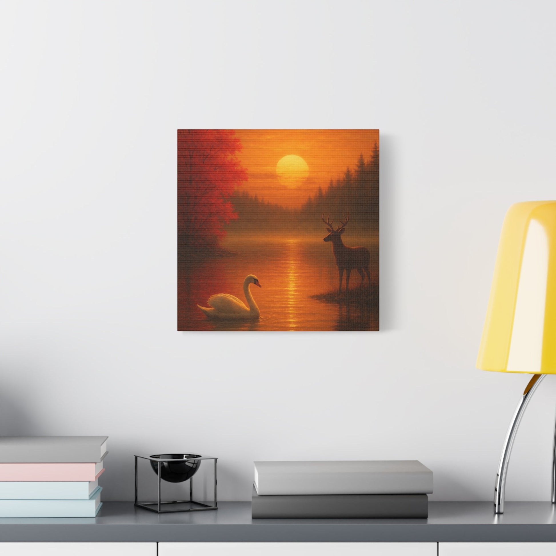 Dusk on the Autumn Lake Sunset canvas art featuring swan and deer at sunset with vibrant orange and red hues