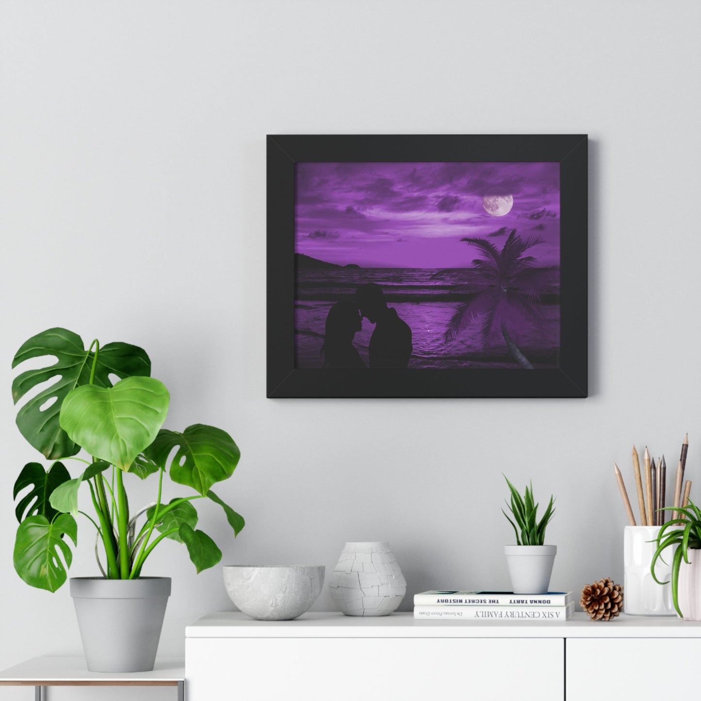 Romantic purple framed poster of beach couple silhouette at sunset wall decor