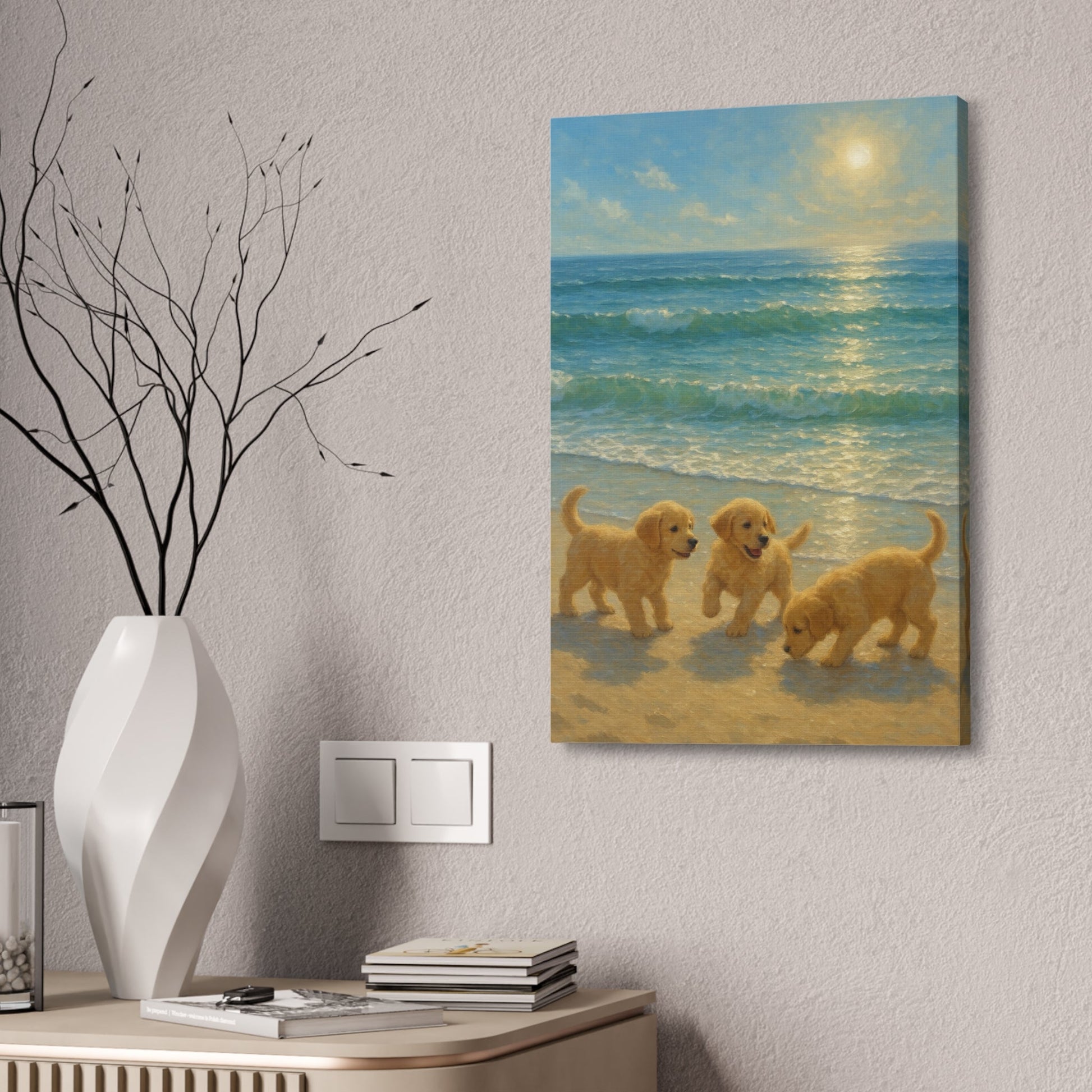 Abstract canvas art of three Golden Retriever puppies playing on a sunny beach with turquoise waves and golden sunlight reflection.