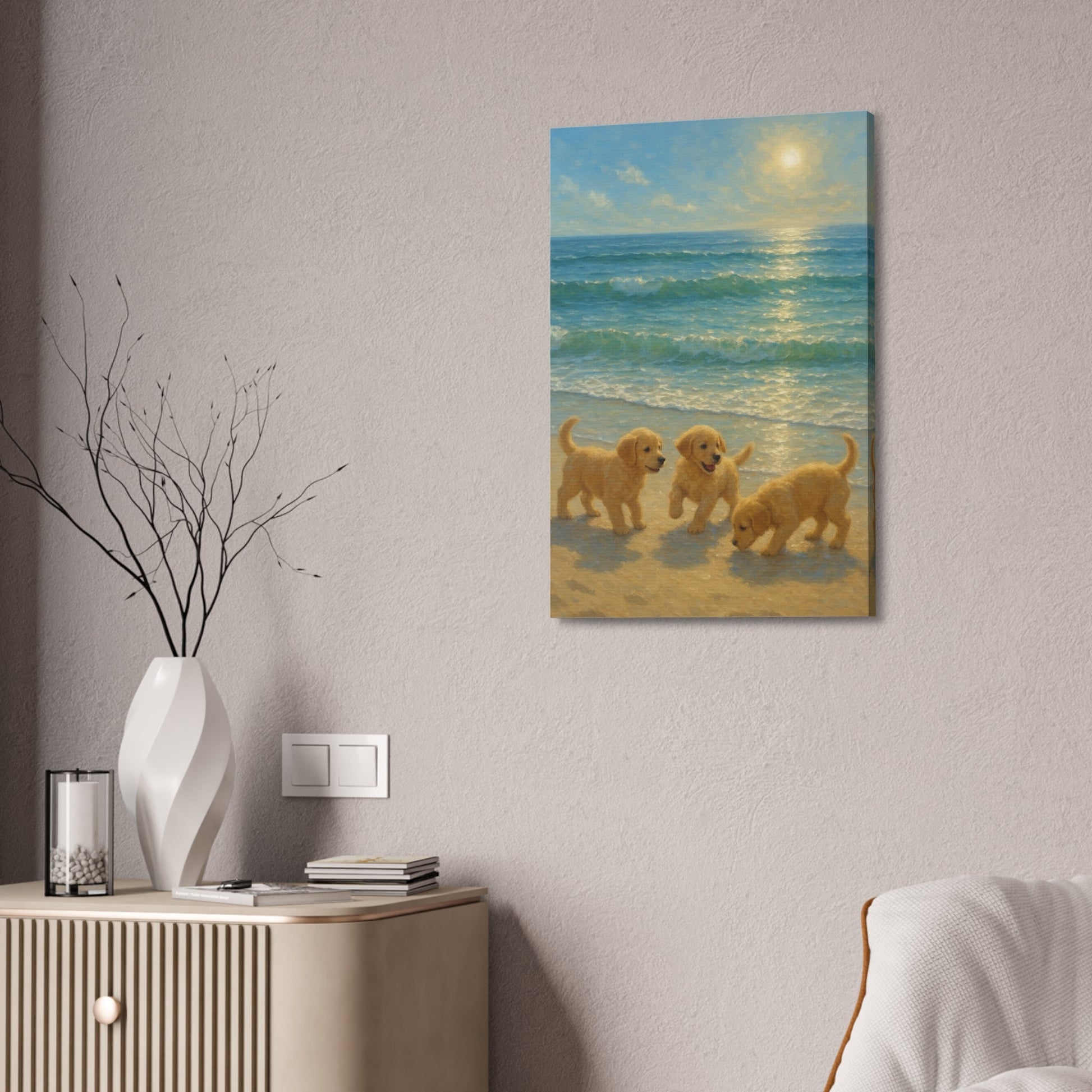 Abstract canvas art of three Golden Retriever puppies playing on a sunlit beach with turquoise waves and warm sunlight reflection