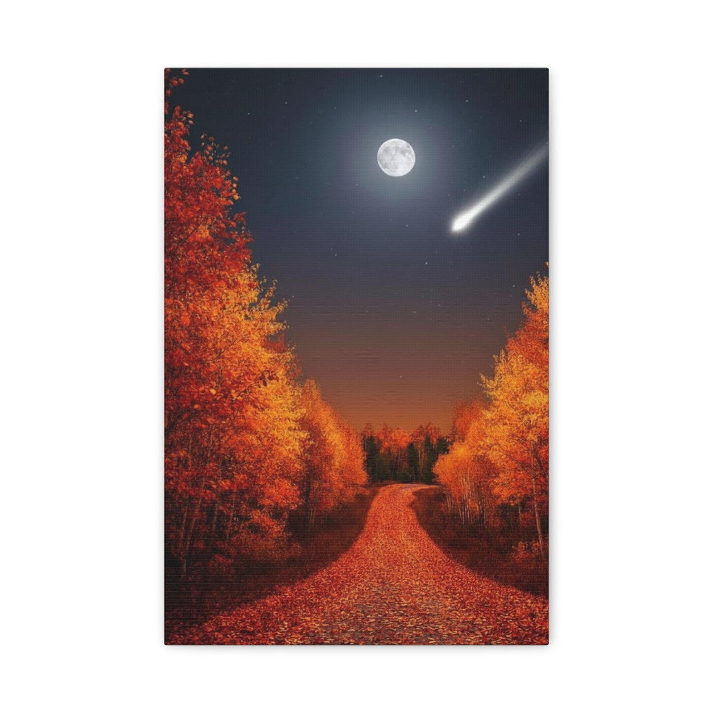 Canvas wall art depicting a serene autumn forest road under a full moon with a shooting star in a night sky