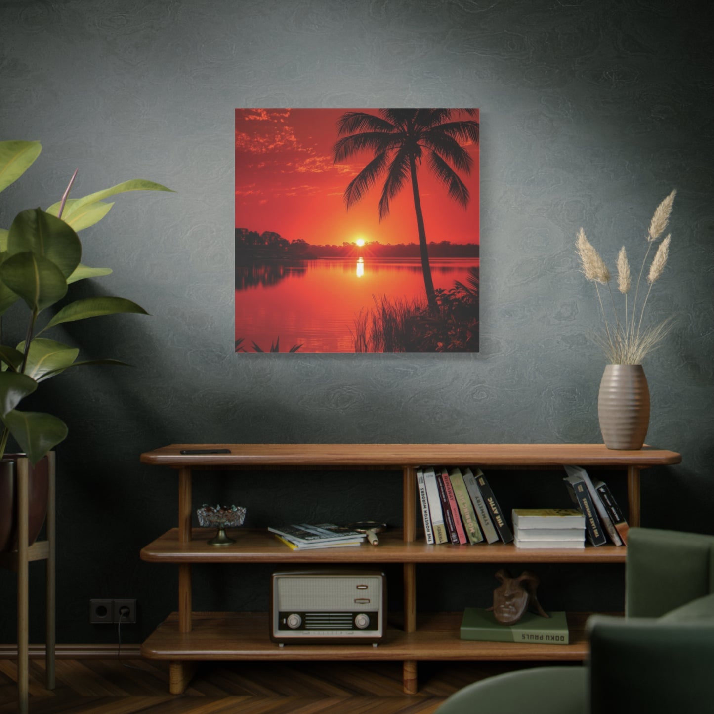 Coastal Red sunset over Ocean Canvas Wall Art - Matte Print