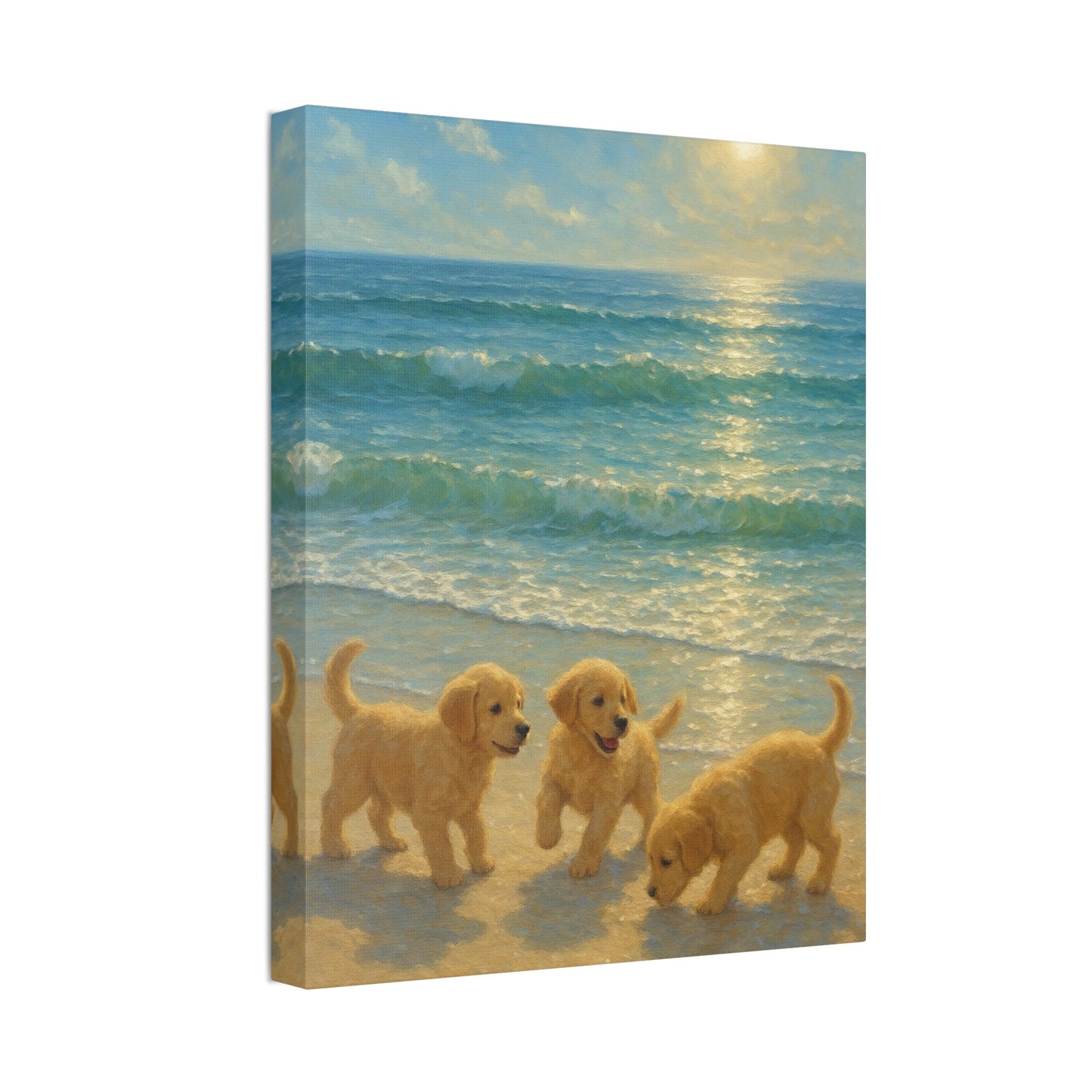 Abstract canvas art of Golden Retriever puppies playing on a sunlit beach with turquoise waves and golden sunlight reflections