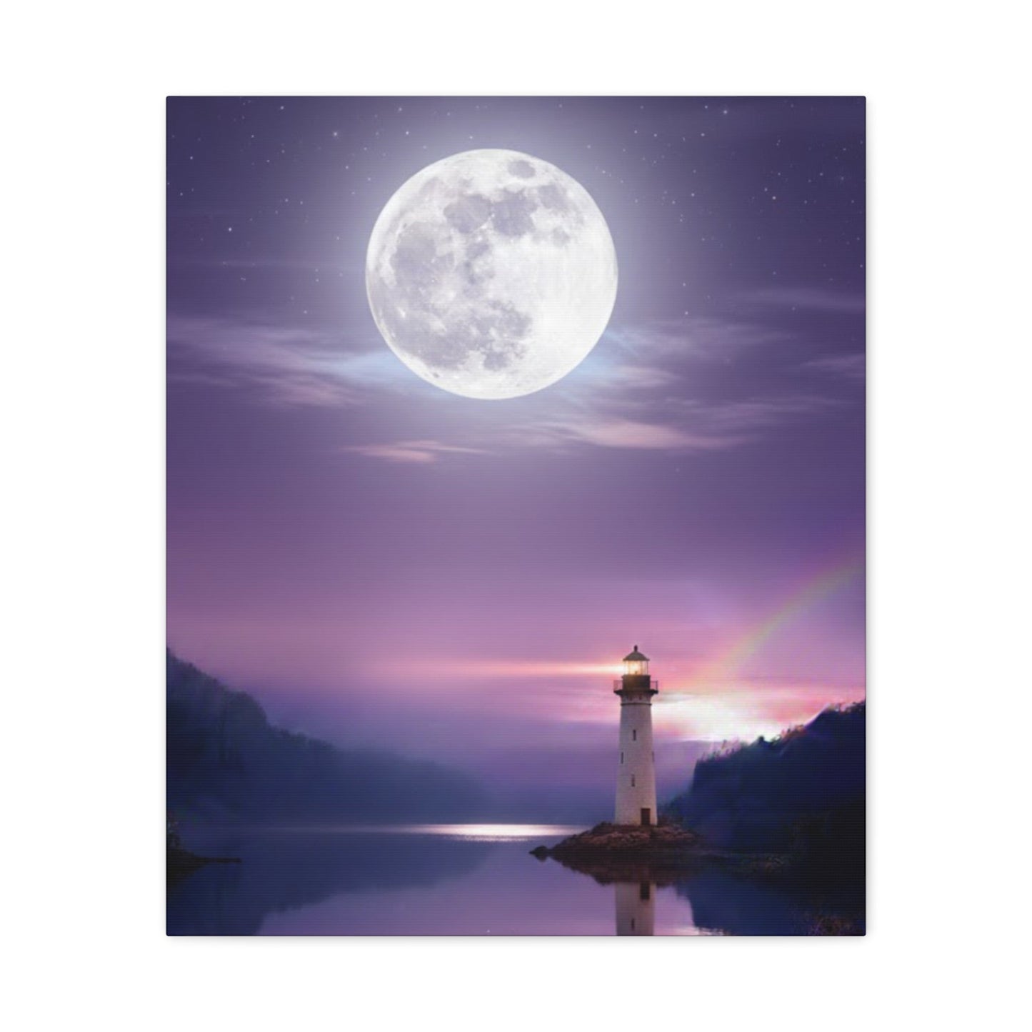 Canvas wall art featuring a serene lighthouse by a mirror-smooth lake under a bright full moon in violet and indigo tones.