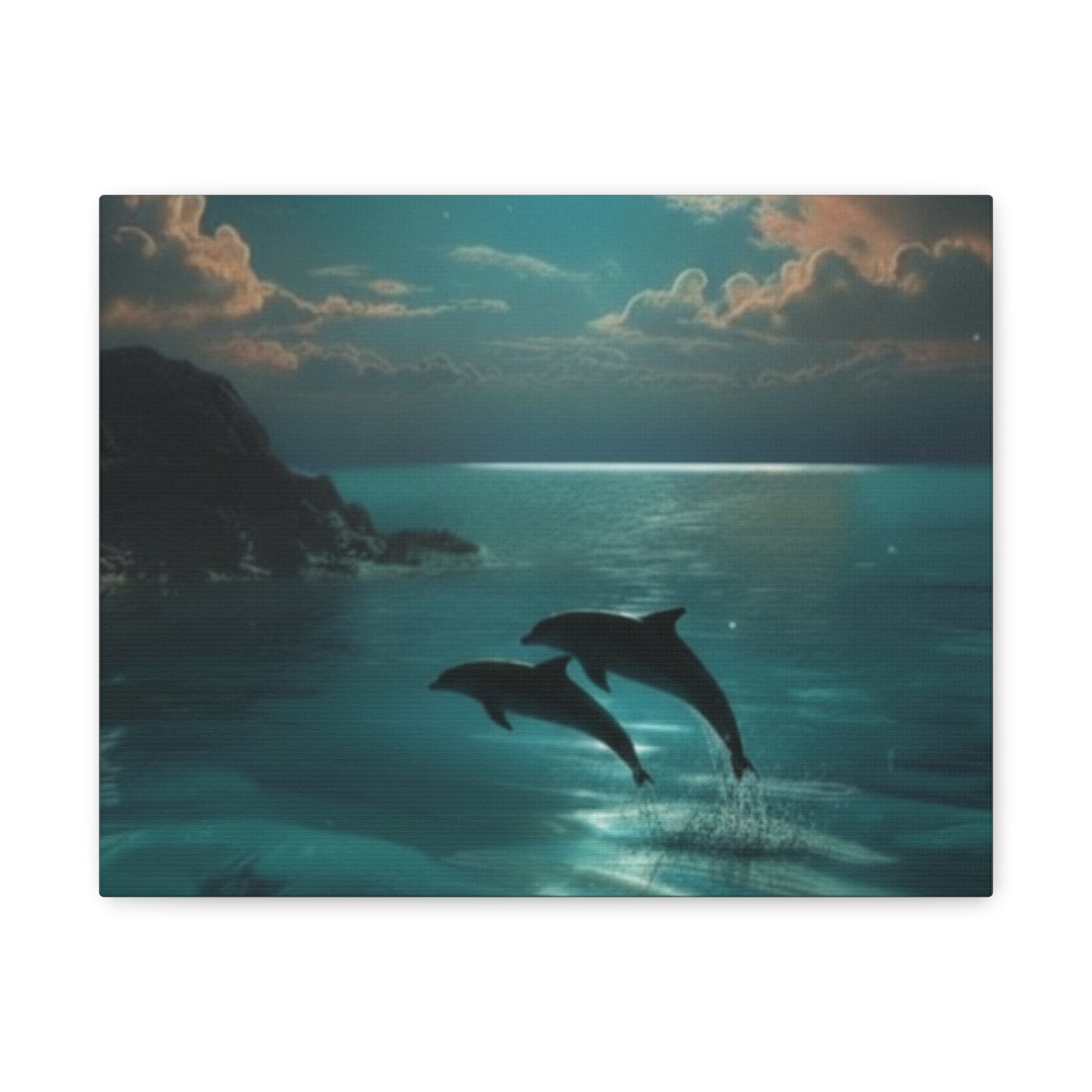 Dolphins in Turquoise Moonlit Ocean Canvas Wall Art