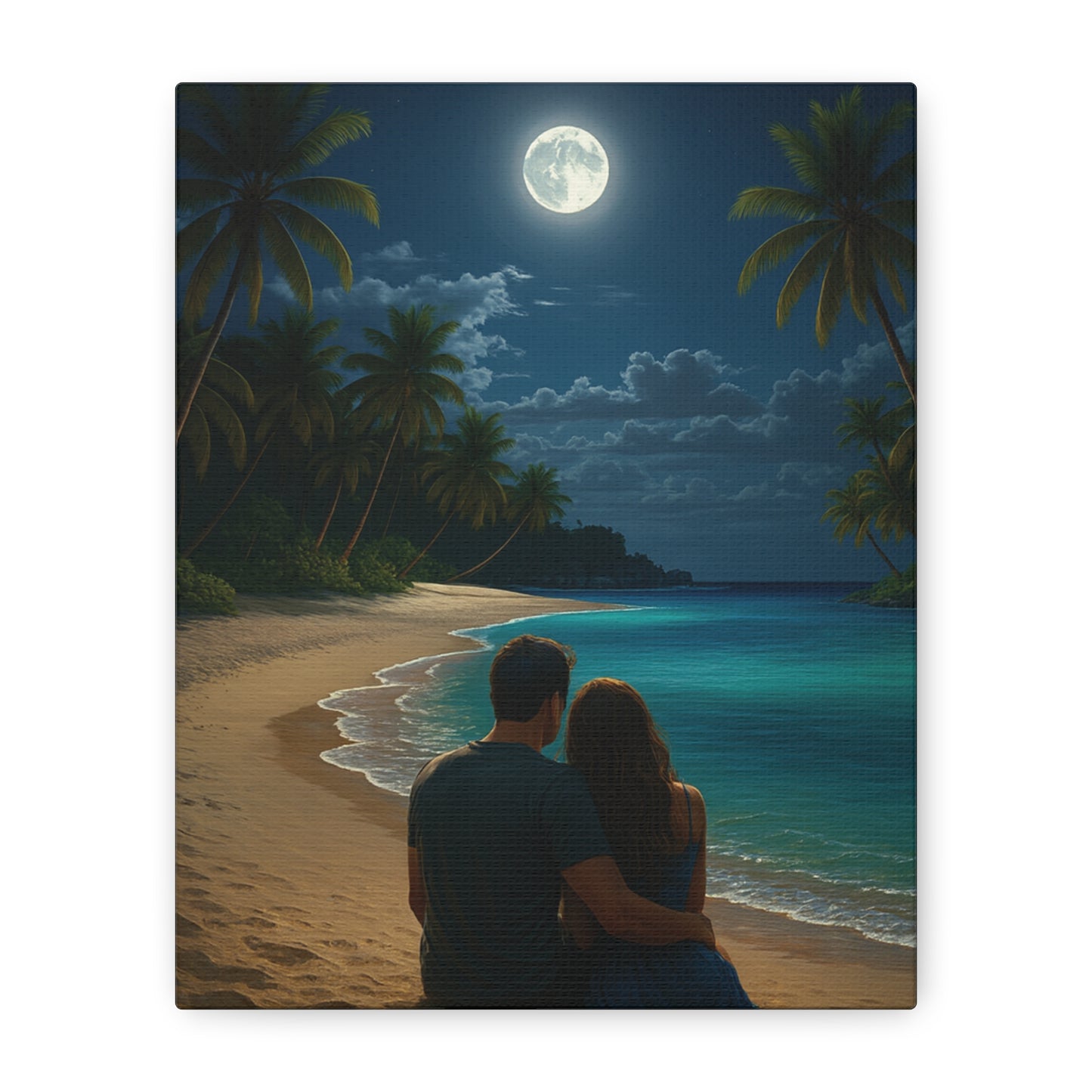 Moonlit Beach Lovers Canvas Wall Art - Stretched Matte Wall Art