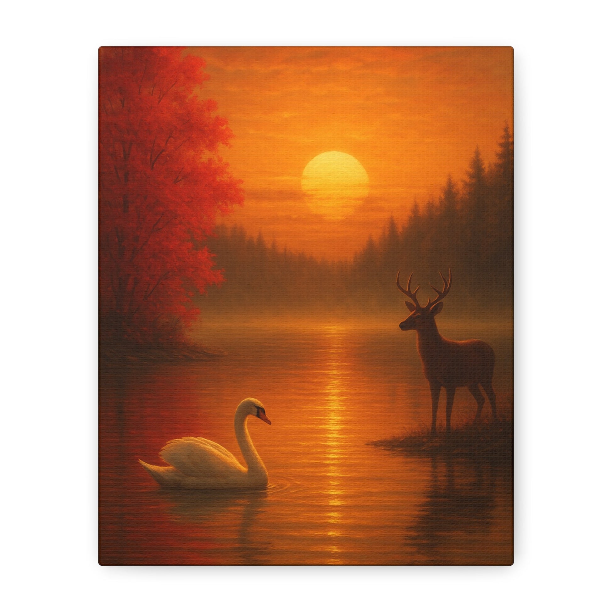 Dusk on the Autumn Lake Sunset with swan gliding on reflective water and deer standing by pine forest under fiery orange sky