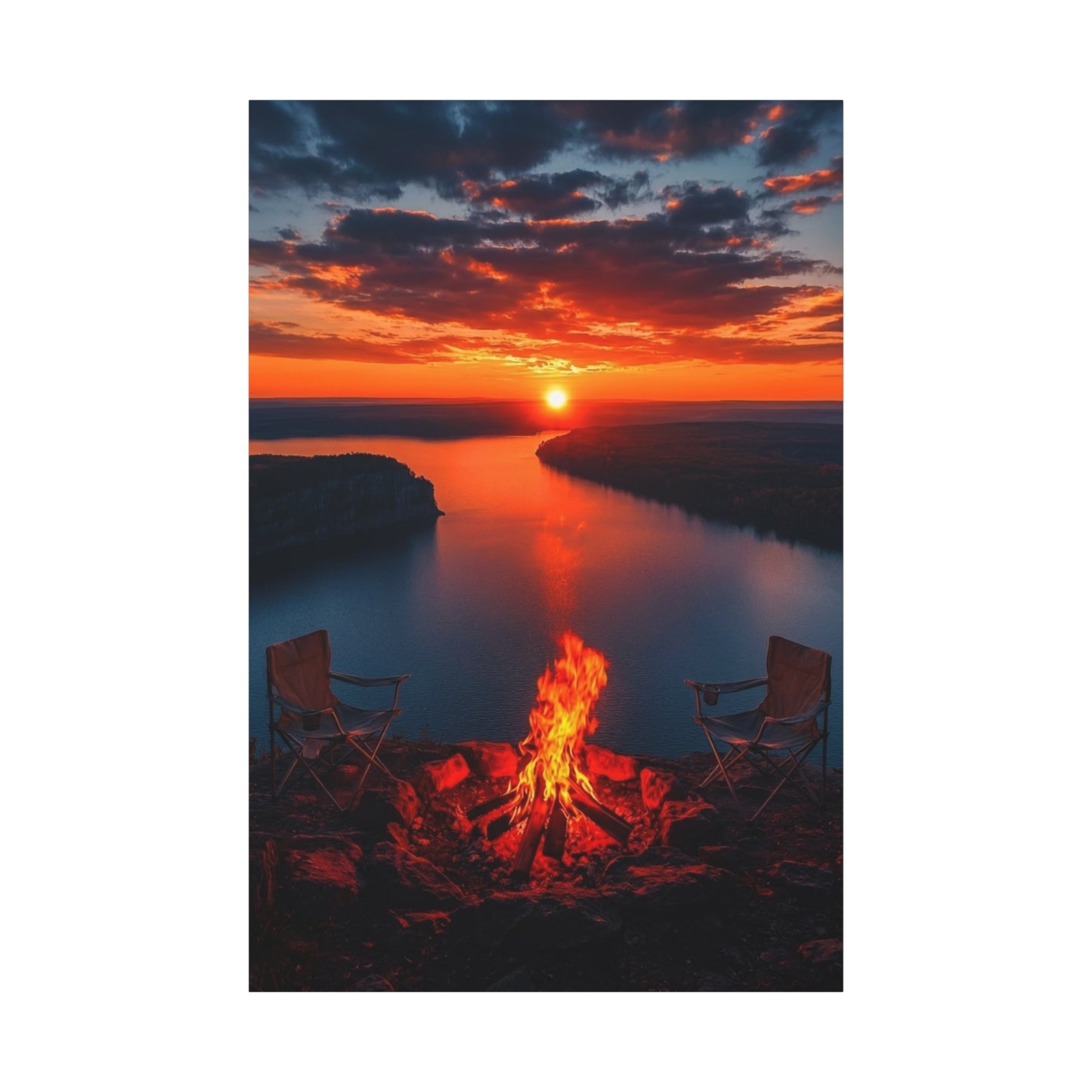 Red Sunset River Canvas — Relaxing by Fire Matte Stretched Wall Art