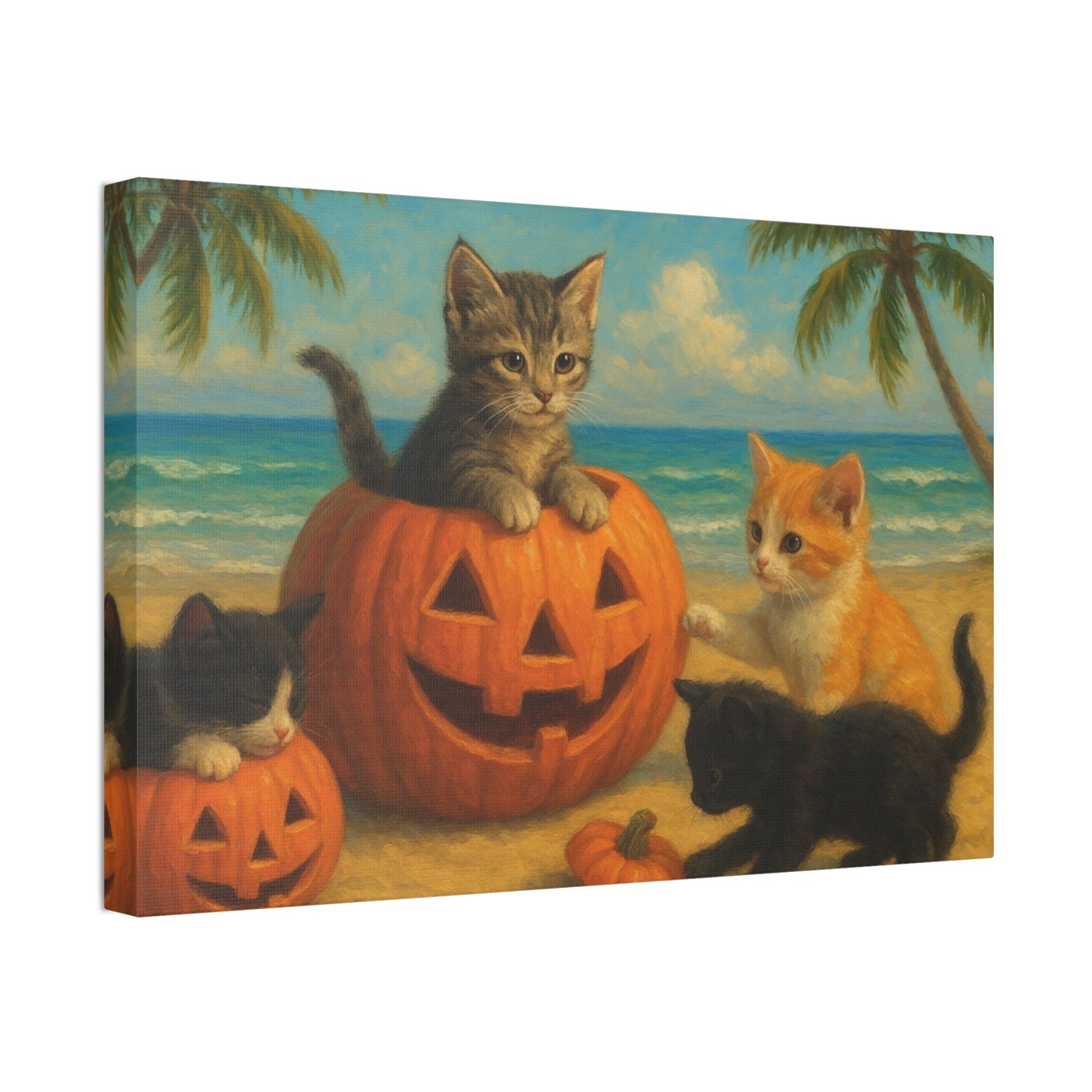Canvas-Pumpkin Kittens wall art with playful kittens and pumpkins on a beach setting, perfect for Halloween and autumn decor.