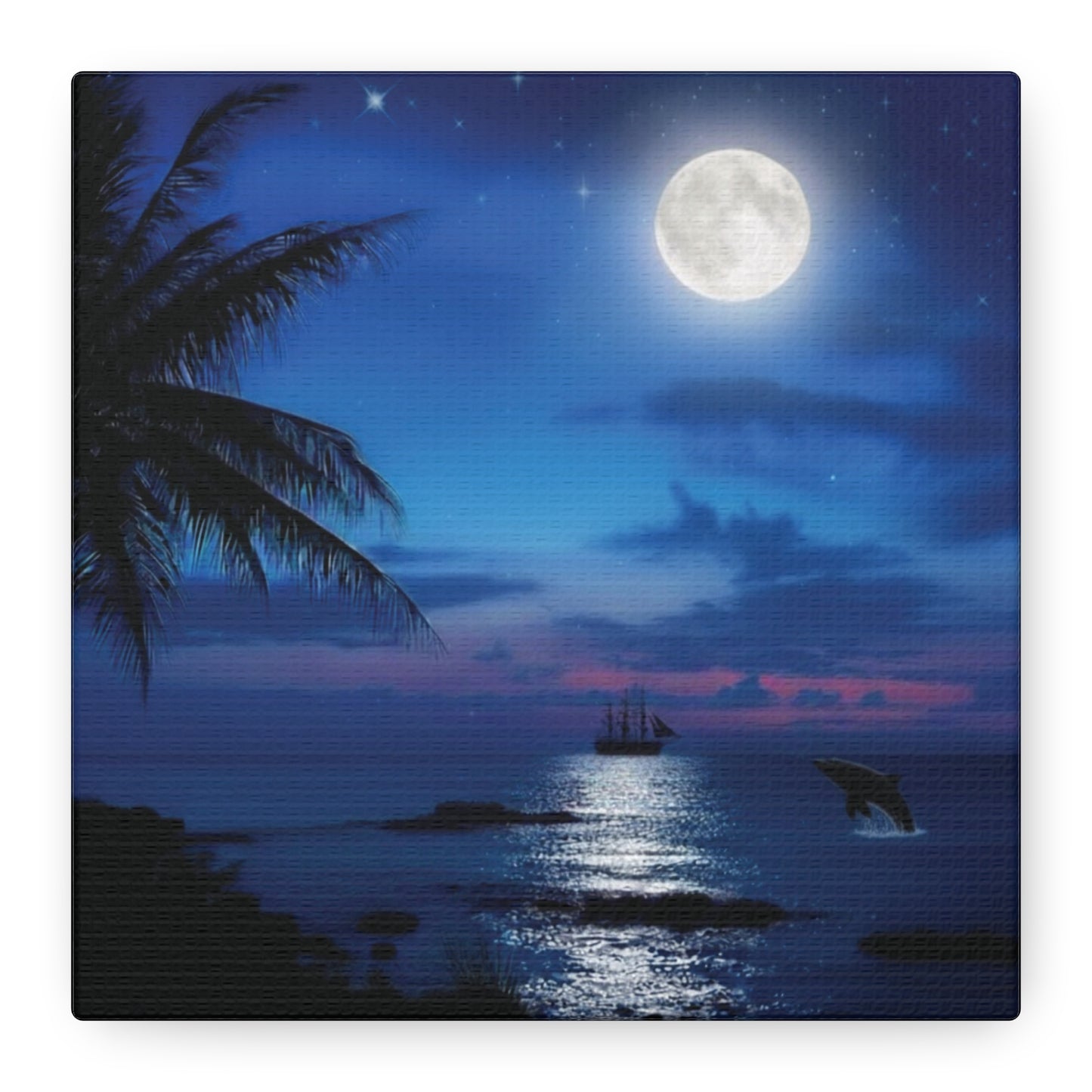Blue Sky Moon lit Tropical Escape Canvas Wall Art