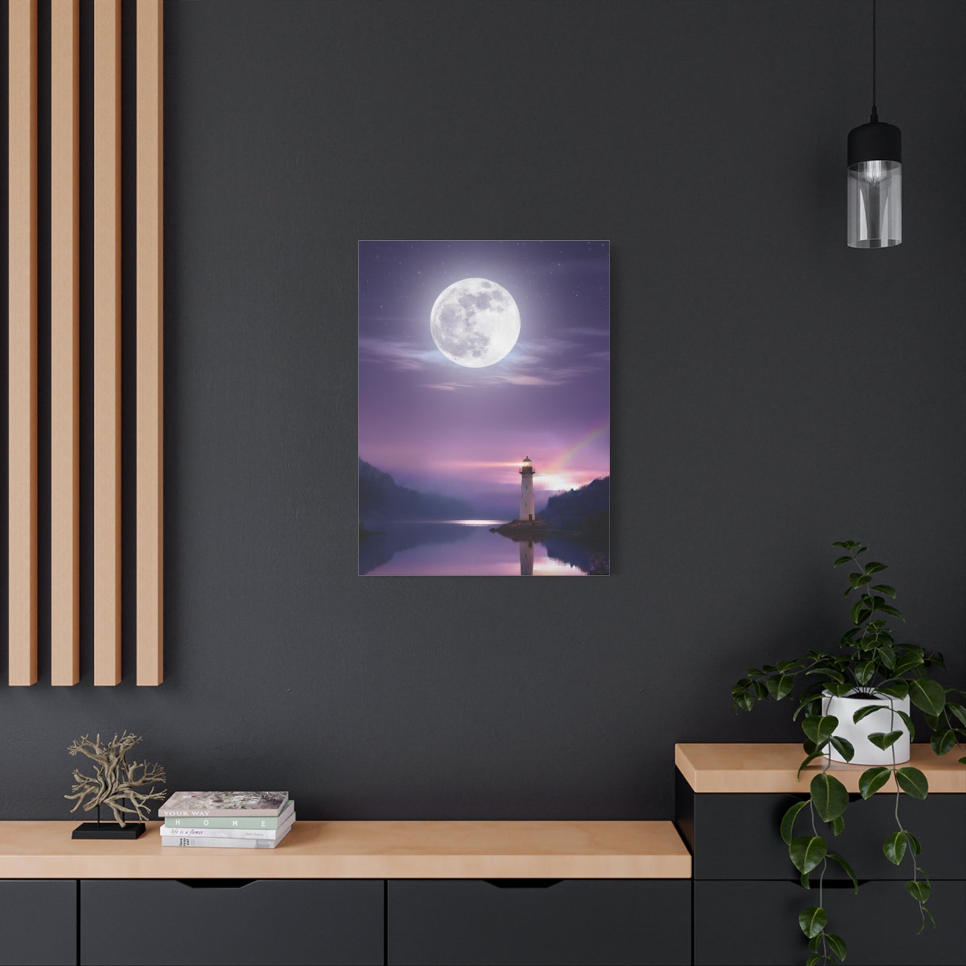 Canvas wall art depicting a serene lighthouse and full moon reflected on a calm lake in violet and indigo tones
