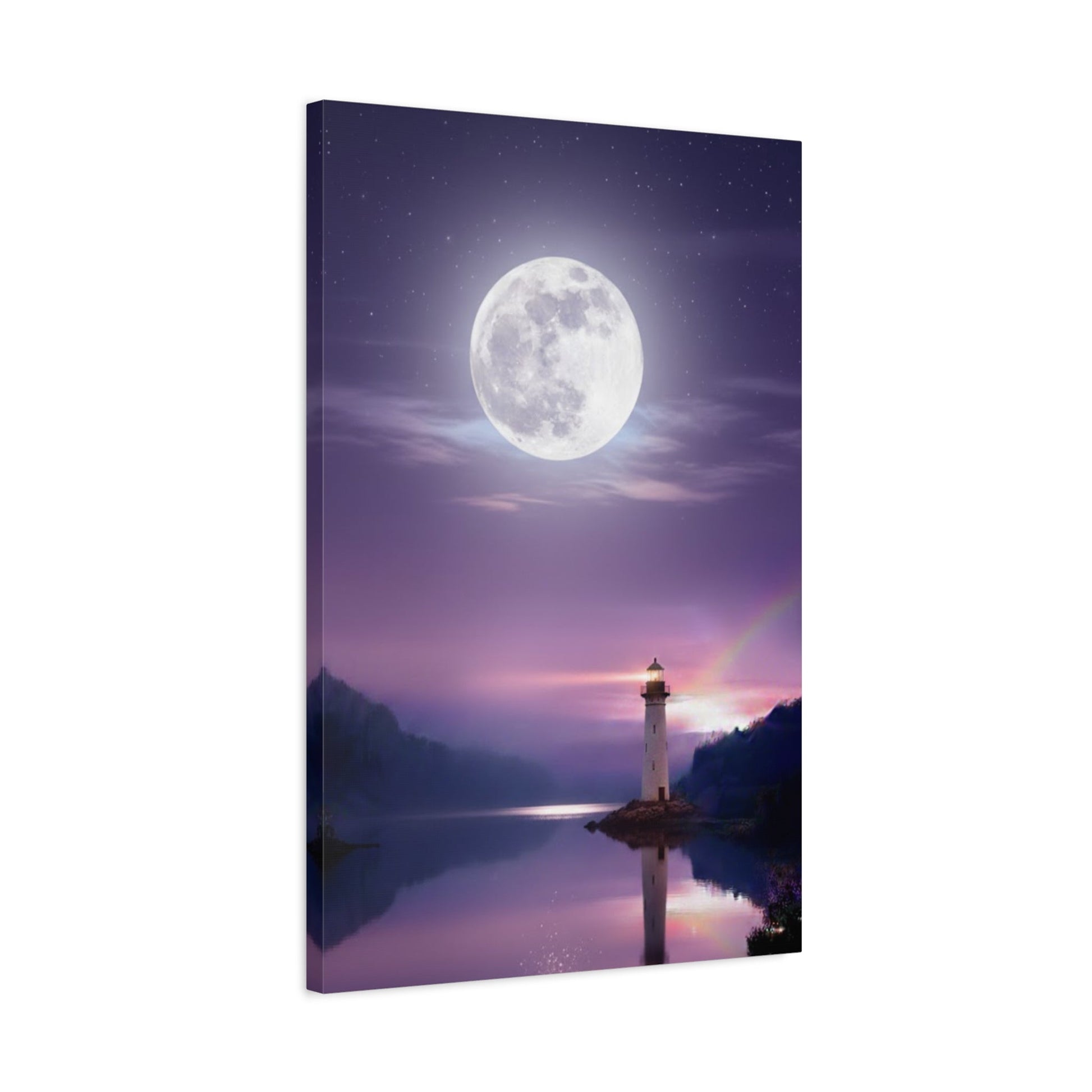 Canvas Wall Art featuring a tranquil lighthouse and full moon reflecting on a calm lake in violet and indigo tones