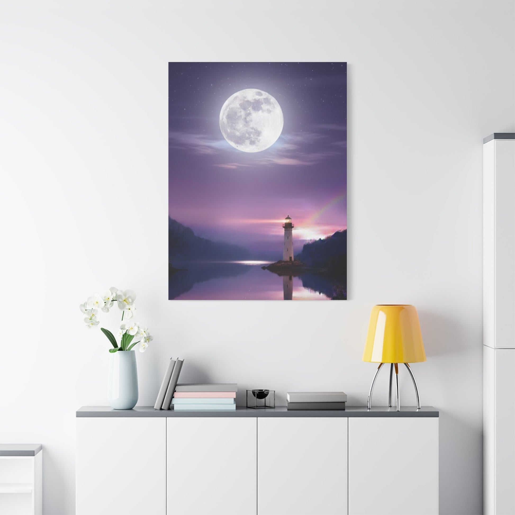 Canvas wall art featuring a serene full moon over a calm lake with a lighthouse reflected in violet and indigo tones