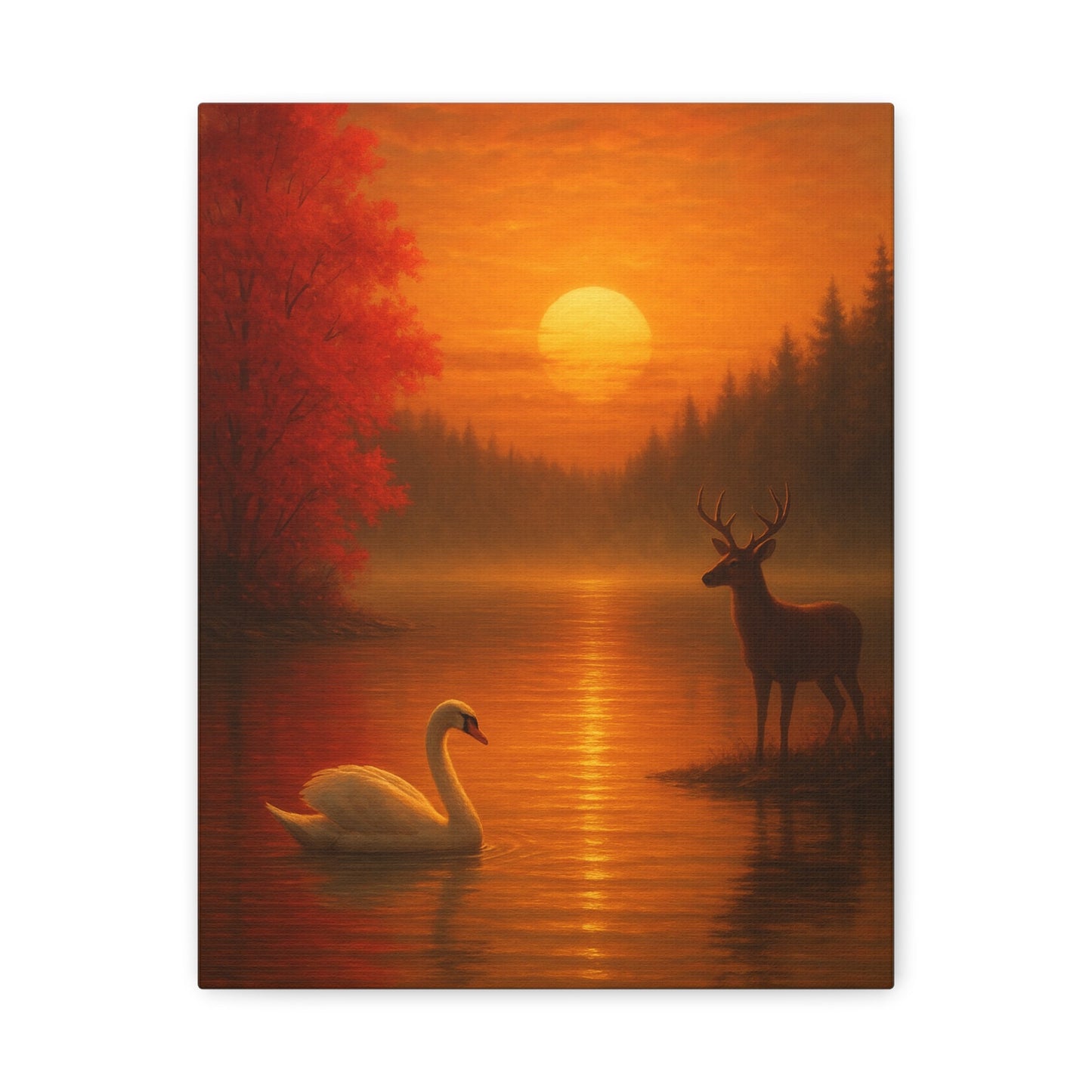 Dusk on the Autumn Lake Sunset canvas showing a swan on misty lake and deer by pine trees with glowing orange sunset and crimson maple leaves.