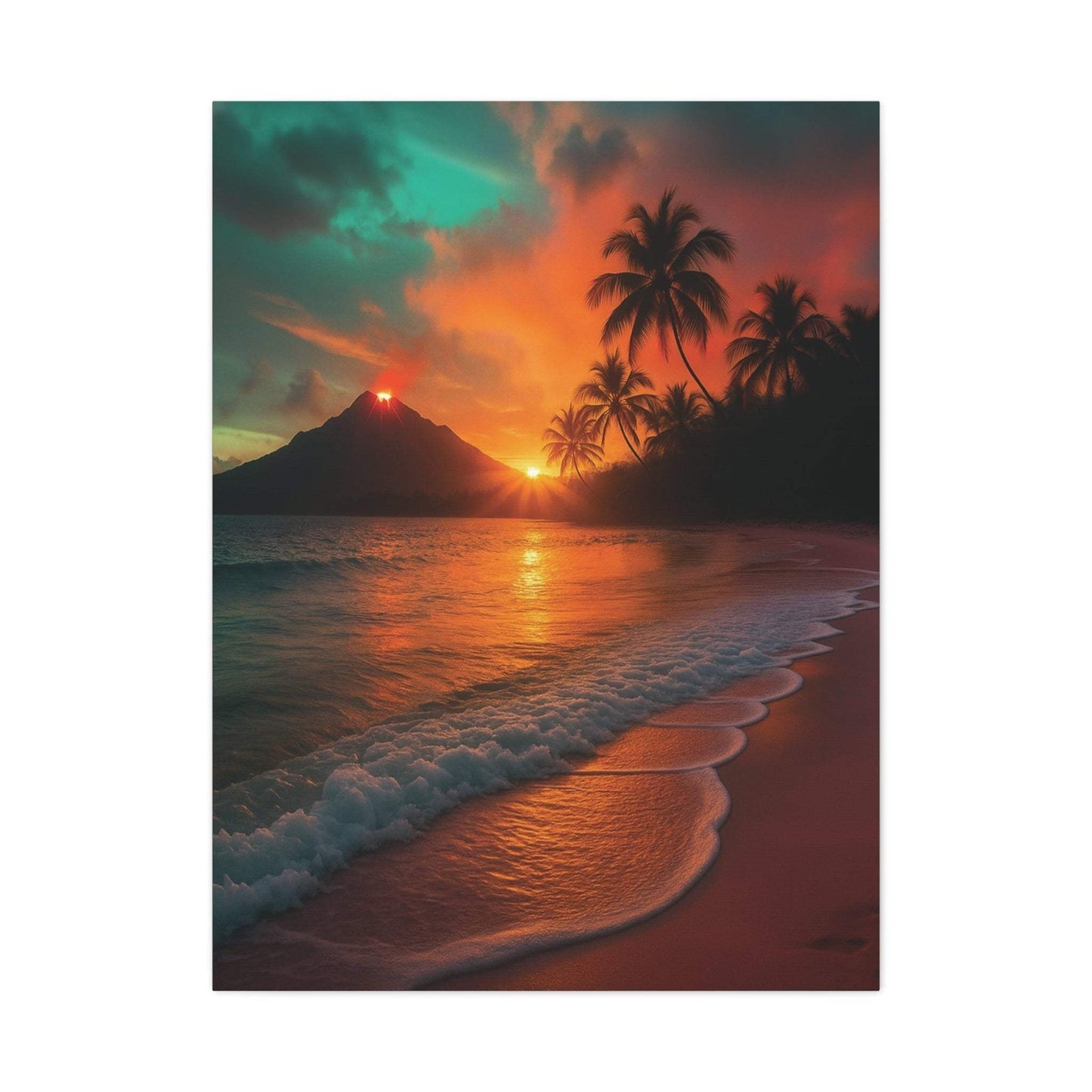 Canvas wall art depicting red lava flowing near ocean at sunrise with palm trees on beach