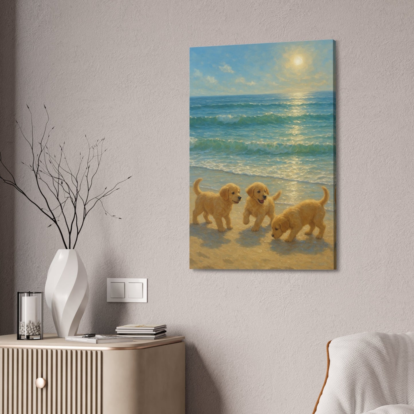 Abstract canvas art of three Golden Retriever puppies playing on sunlit beach with waves and bright sun reflection, stretched on wooden frame
