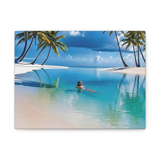 Relaxing on white sandy beach in ocean with palm Trees Canvas Wall Art