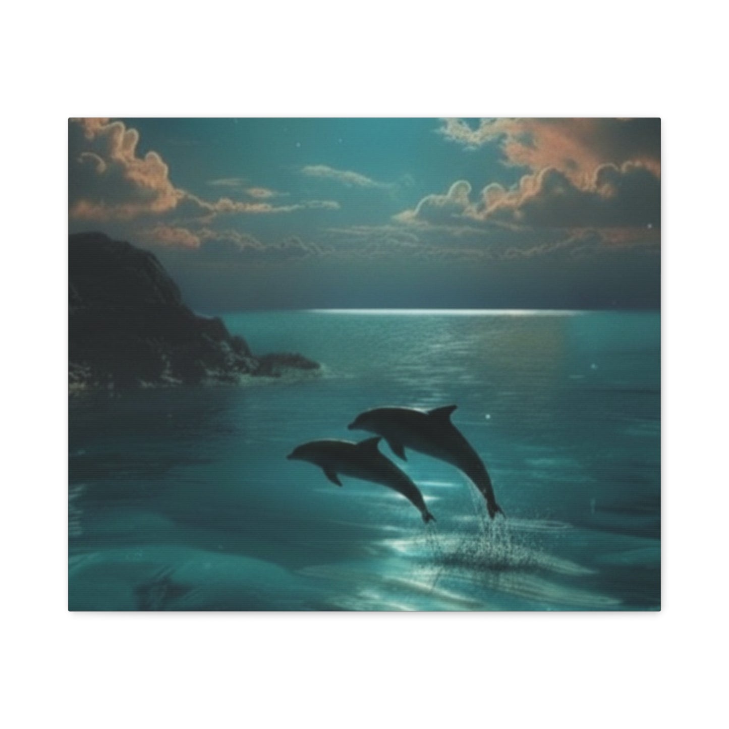 Dolphins in Turquoise Moonlit Ocean Canvas Wall Art