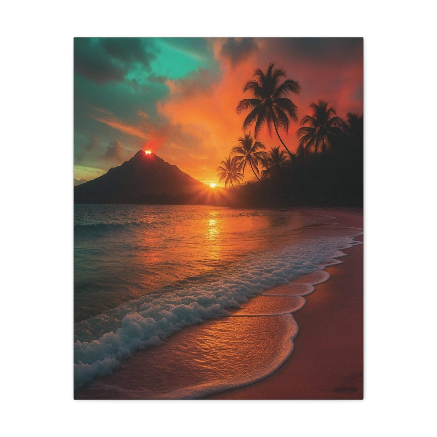 Canvas wall art of red lava flowing volcano and ocean sunrise with palm trees at beach for peaceful nature decor