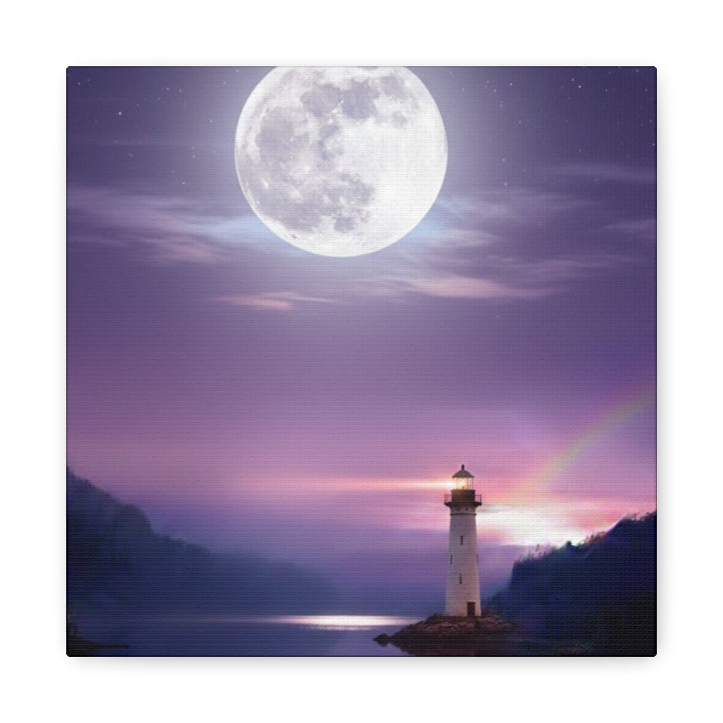 Canvas wall art featuring a tranquil lighthouse by a mirror-smooth lake under a glowing full moon in violet and indigo tones