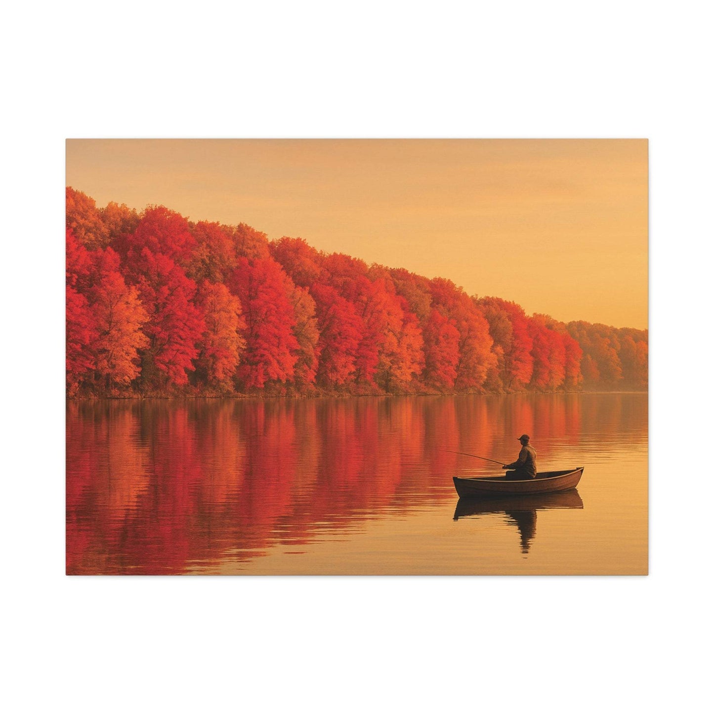 Wall Art Canvas of autumn foliage reflected on a clear lake with a person fishing in a boat at sunset