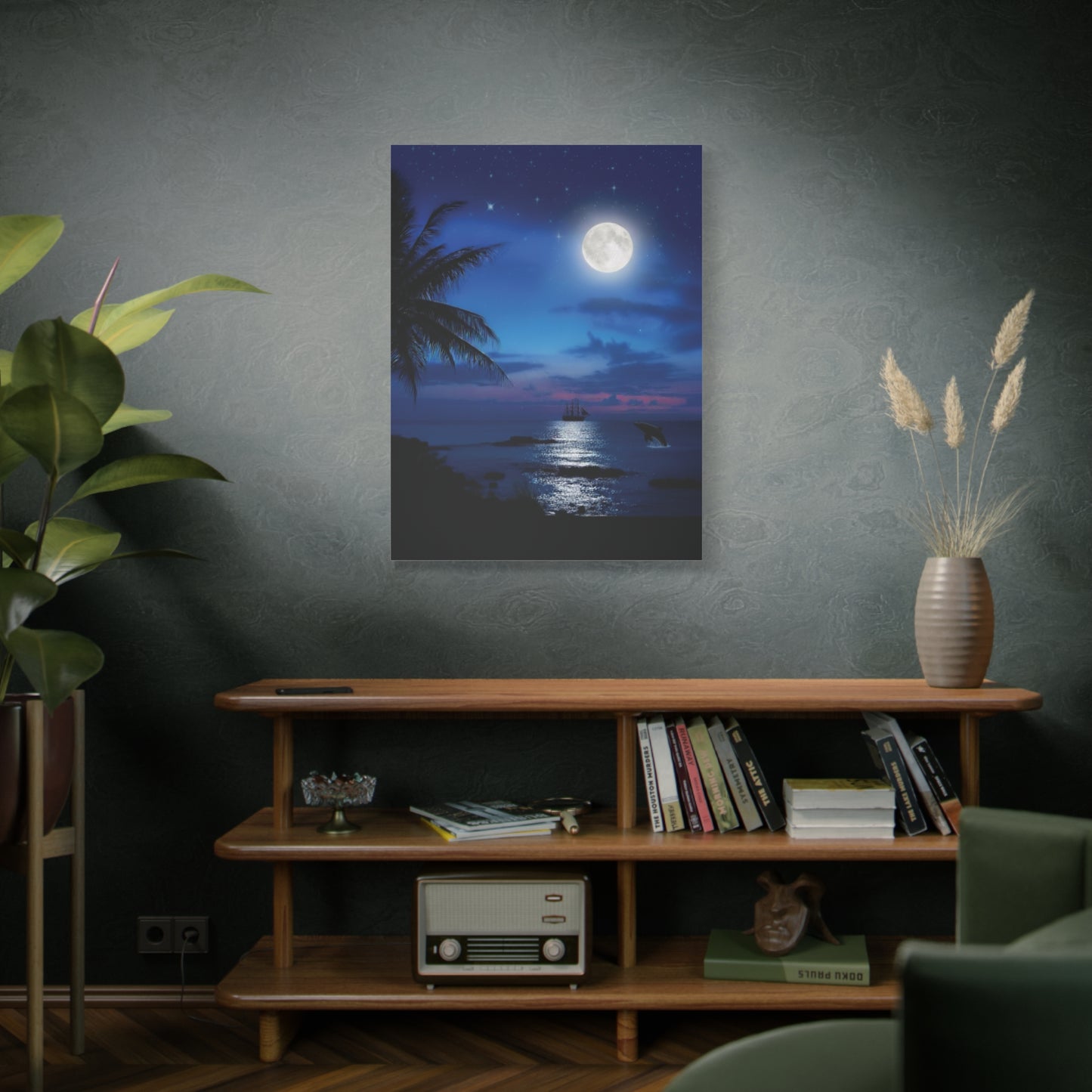 Blue Sky Moon lit Tropical Escape Canvas Wall Art