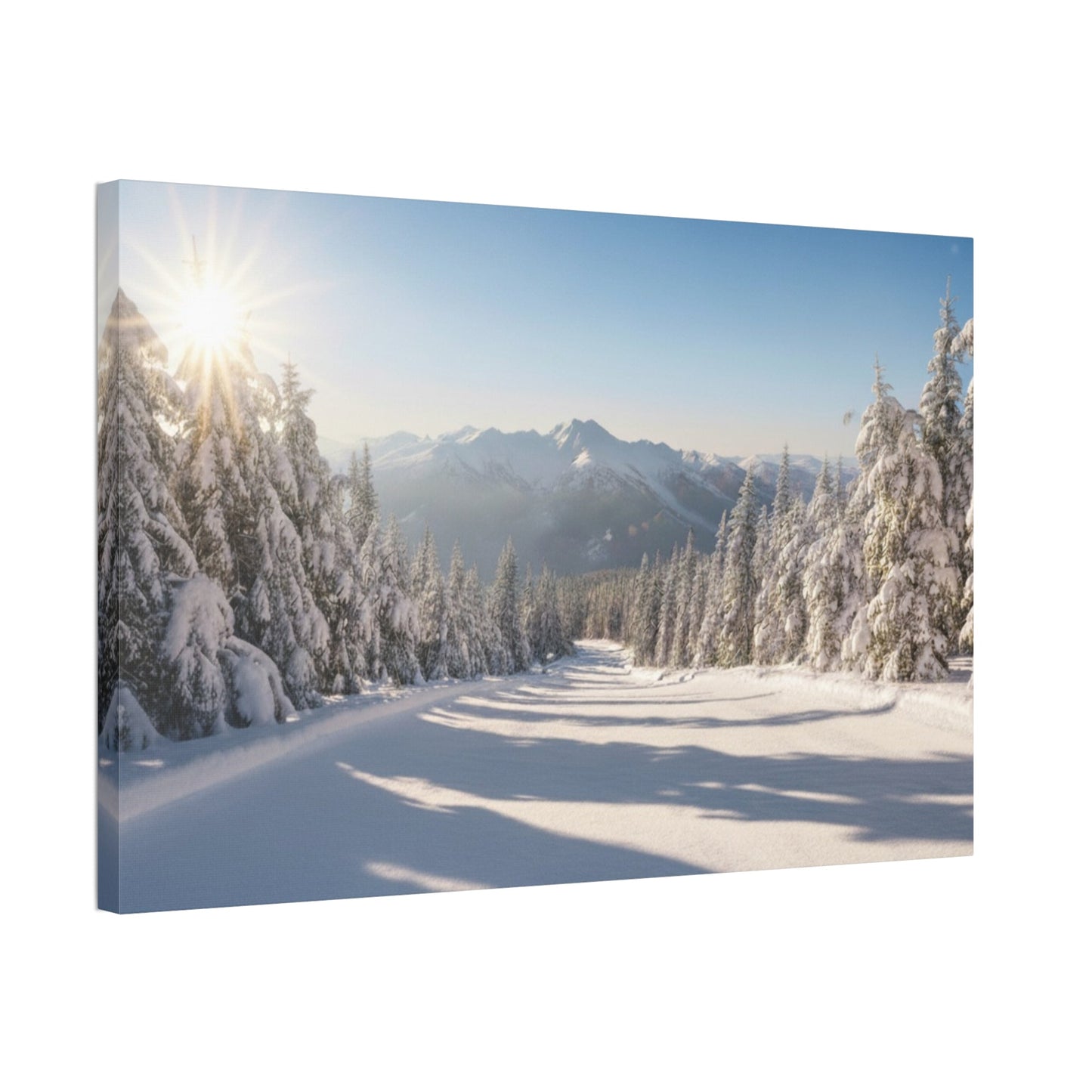 Canvas wall art featuring a serene winter trail with snow-covered trees and mountains under a bright sun
