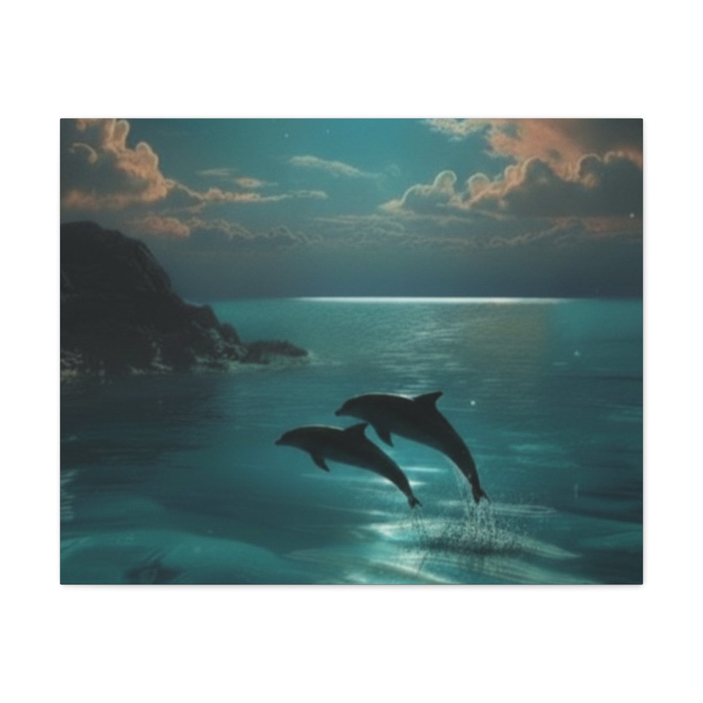 Dolphins in Turquoise Moonlit Ocean Canvas Wall Art