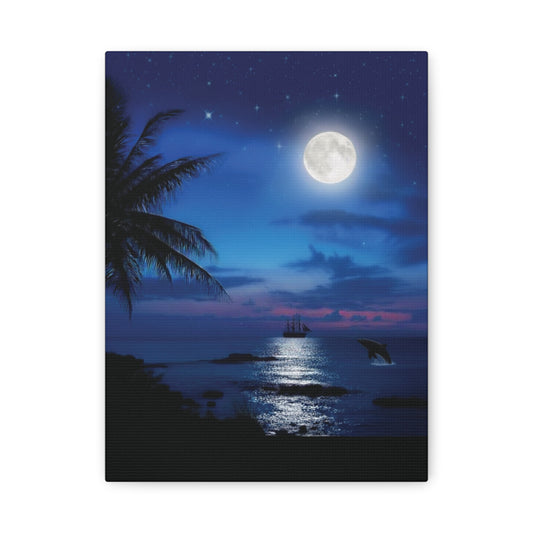 Blue Sky Moon lit Tropical Escape Canvas Wall Art