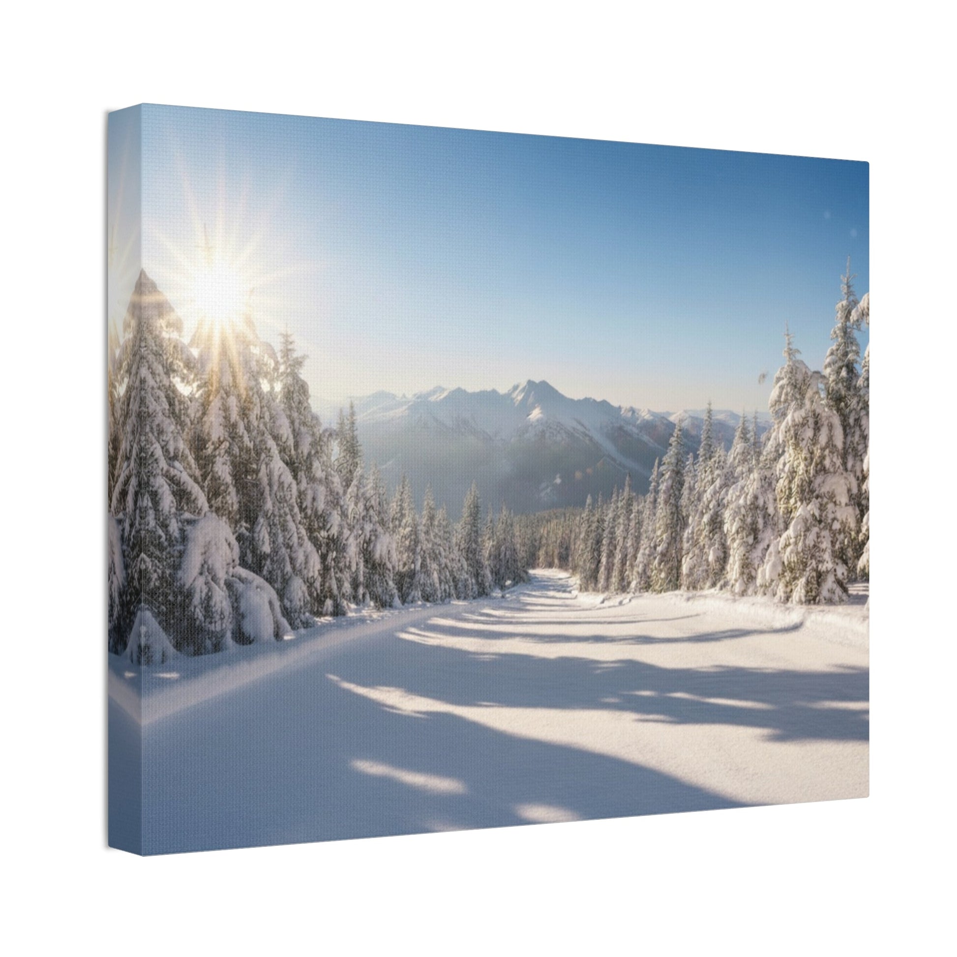 Canvas Wall Art featuring a serene snow-covered trail with sunlit pine trees and distant mountains under a clear blue sky