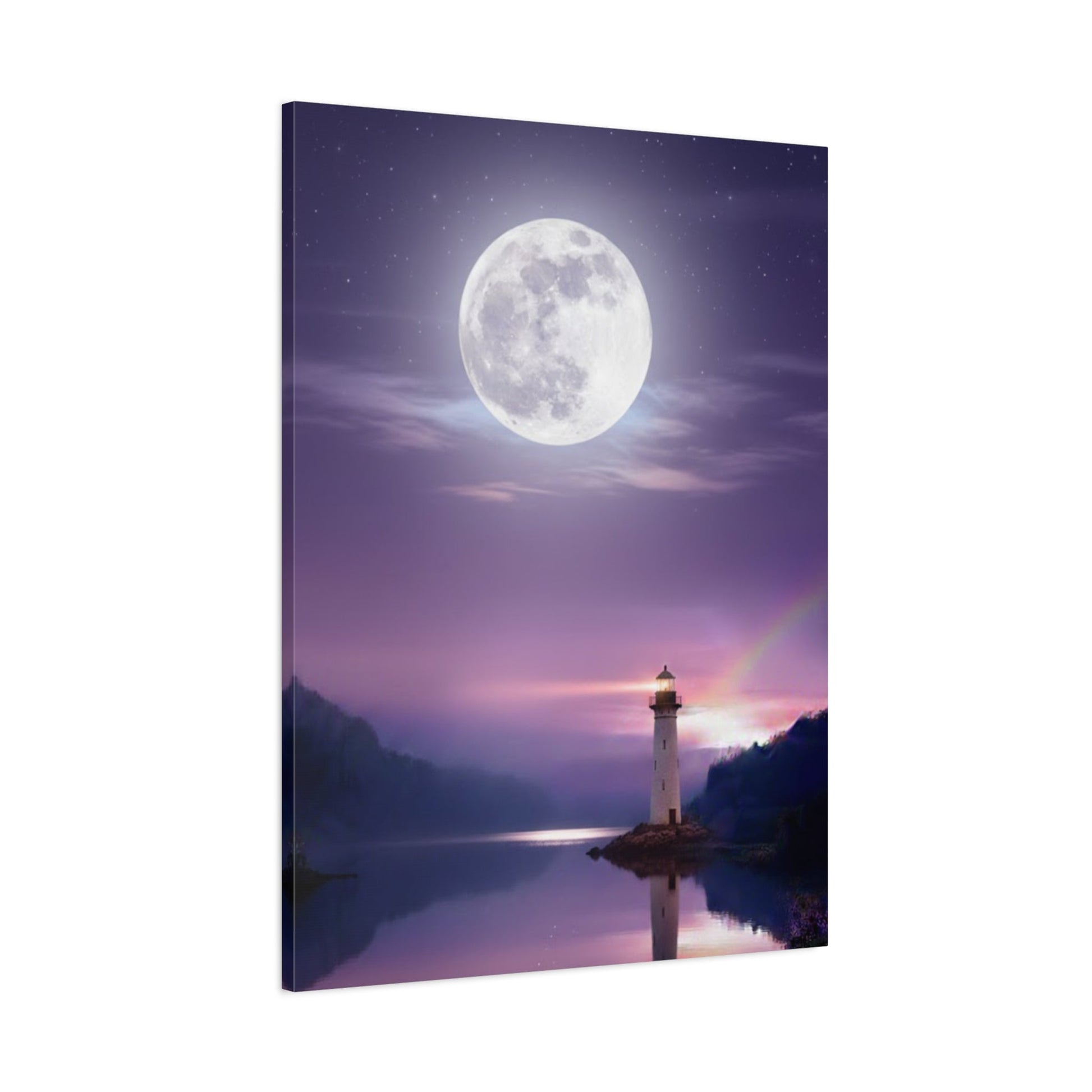 Canvas wall art featuring a serene full moon over a reflective lake with a lighthouse in violet and indigo tones