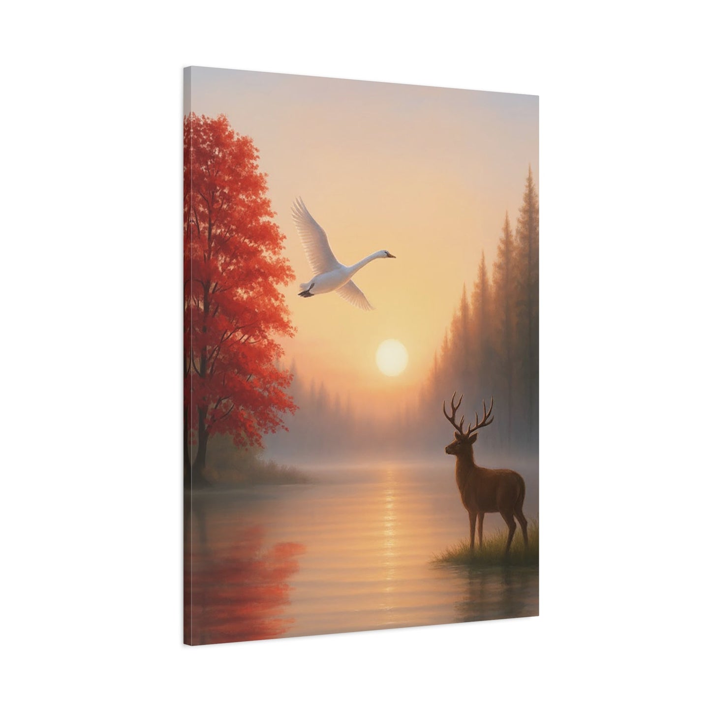 Stretched wall art canvas of dawn sunrise with deer by lake and a flying swan
