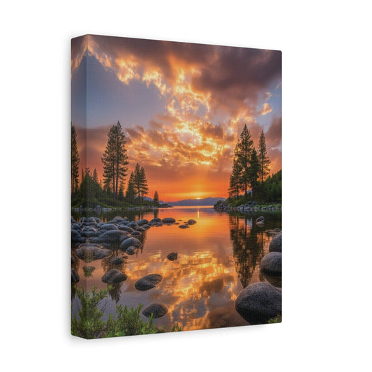 Canvas wall art of sunrise over a serene evergreen path with golden light reflecting on water and pine trees.