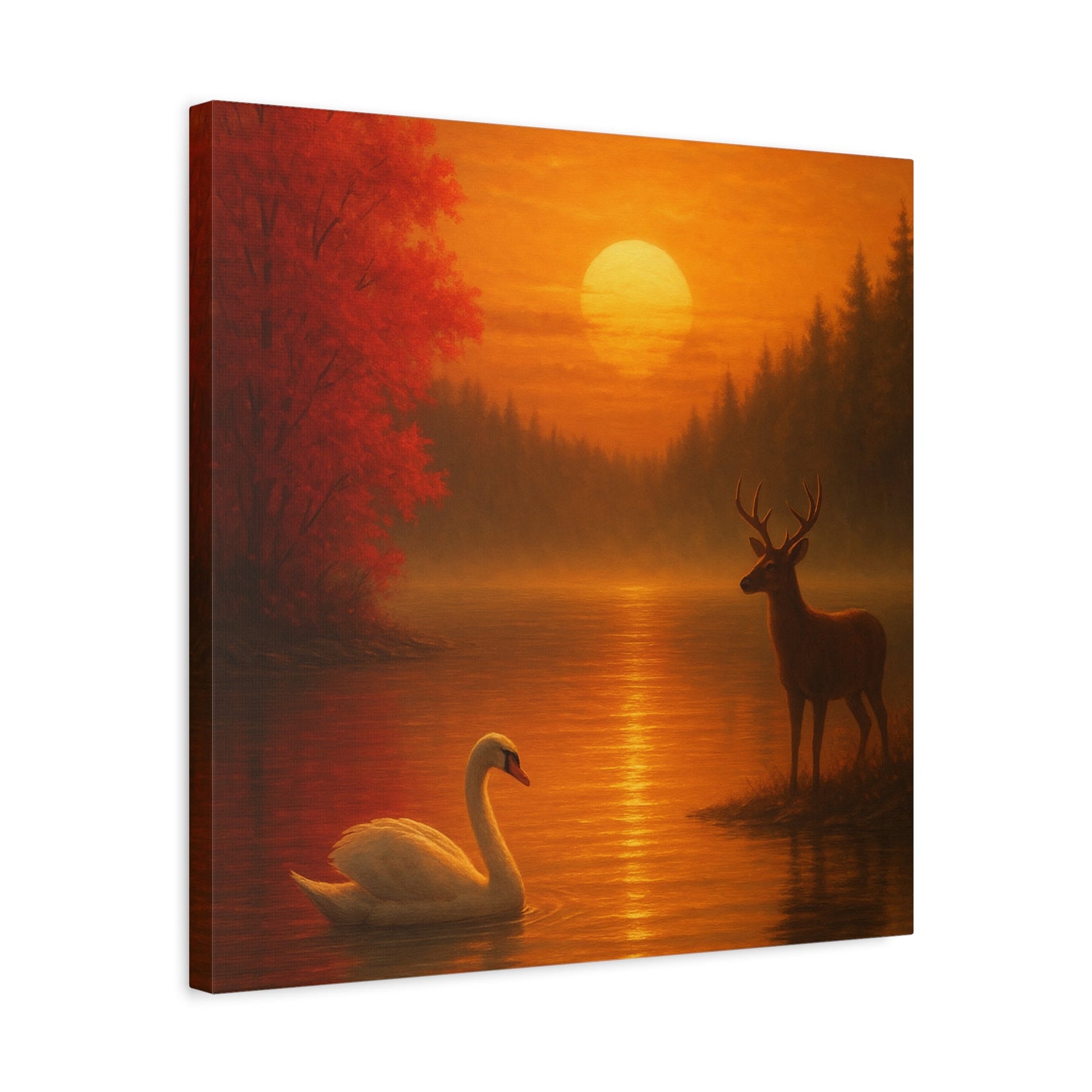 Dusk on the Autumn Lake Sunset canvas wall art featuring a swan on reflective water and a deer by the shore with crimson maple leaves and a fiery sunset background